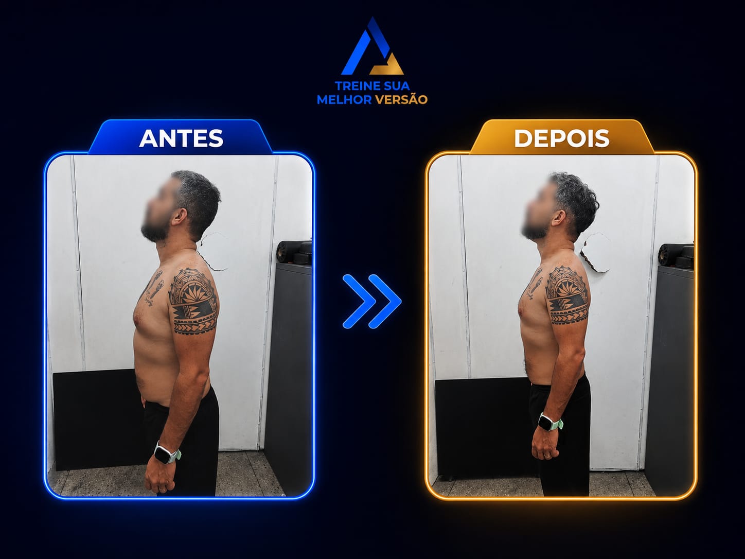 Antes e depois de aluno em processo de emagrecimento, vista lateral