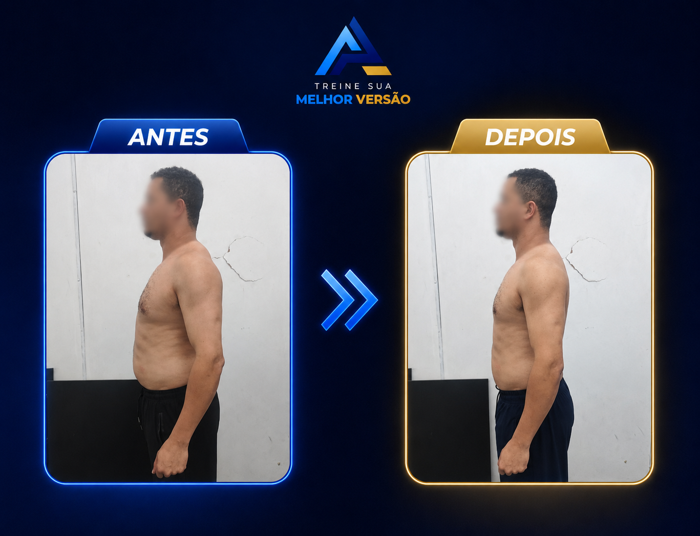 Antes e depois de aluno em processo de hipertrofia, vista lateral