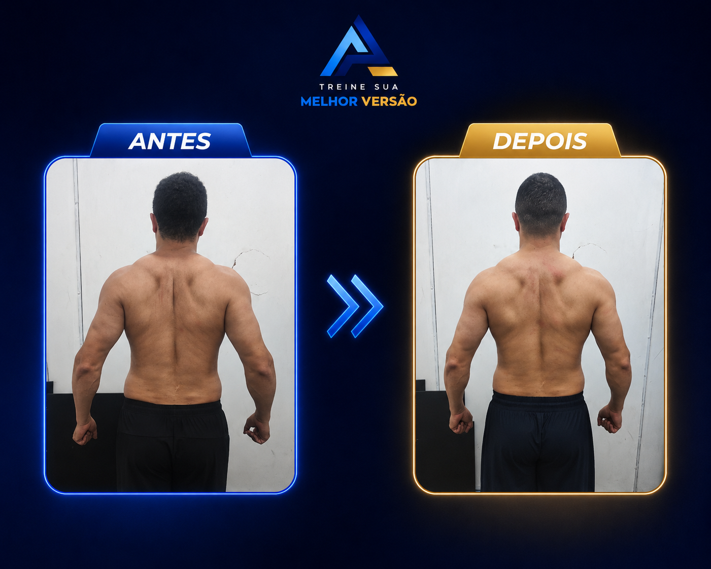 Antes e depois de aluno em processo de hipertrofia, vista posterior